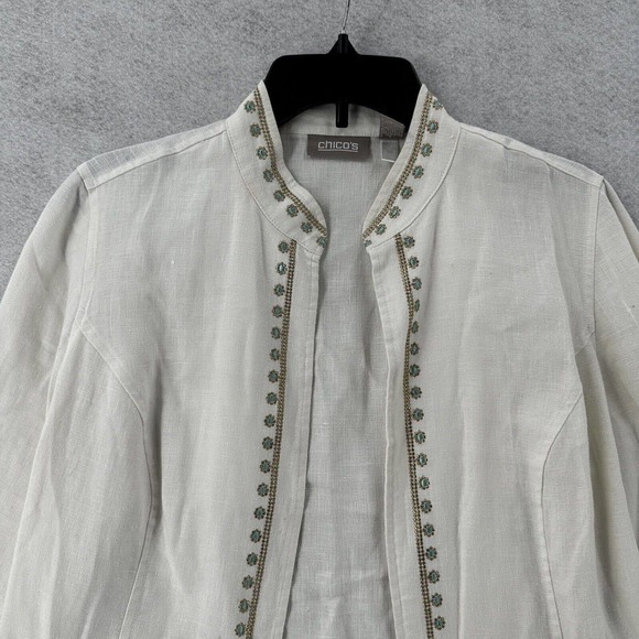 Chicos 100% Linen Jacket Womens 0 (SMALL) Open 3/4 Sleeve Pockets Collarless - Picture 3 of 14